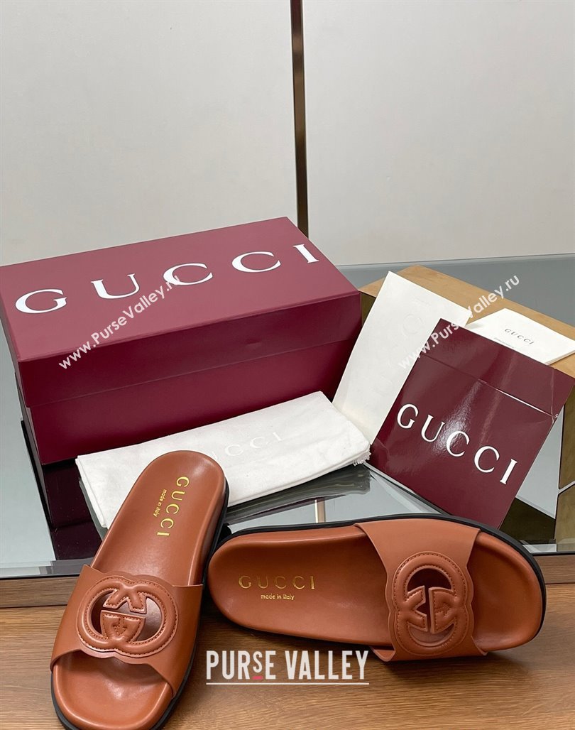 Gucci Leather Interlocking G Flat Slides Sandal Brown 2025 816334 (MD-250423016)