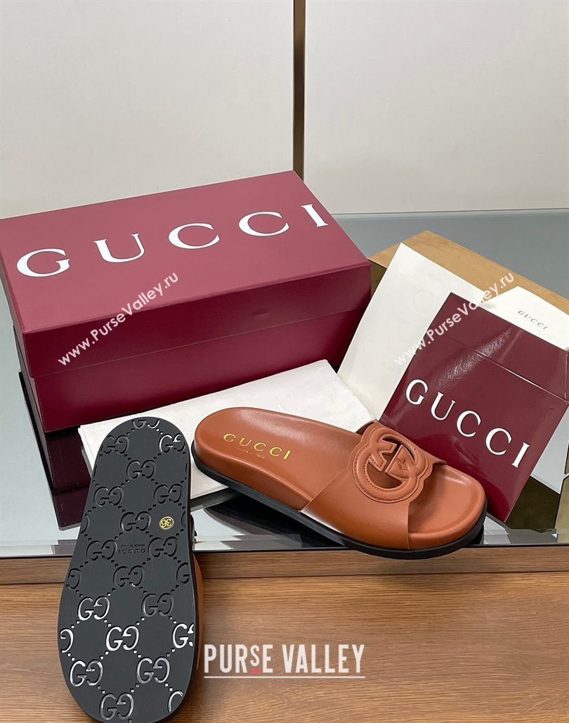 Gucci Leather Interlocking G Flat Slides Sandal Brown 2025 816334 (MD-250423016)
