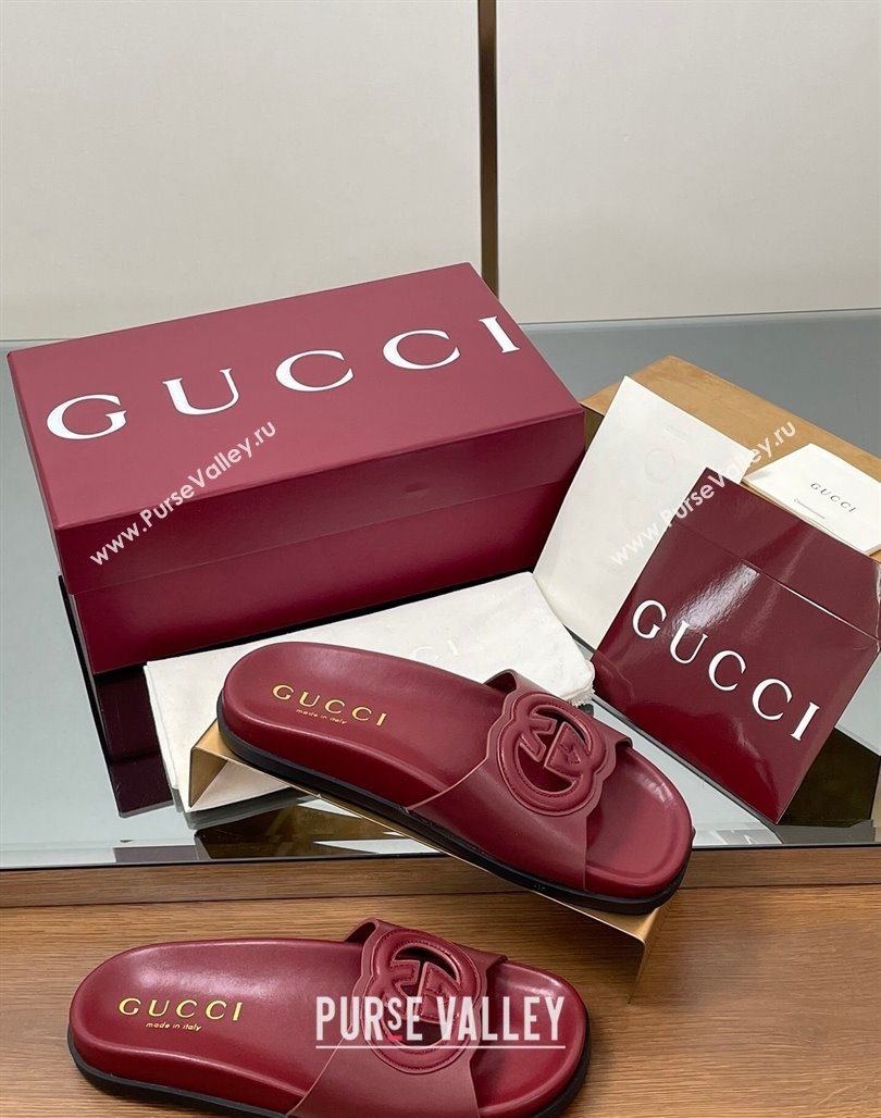 Gucci Leather Interlocking G Flat Slides Sandal Dark Burgundy 2025 816334 (MD-250423018)