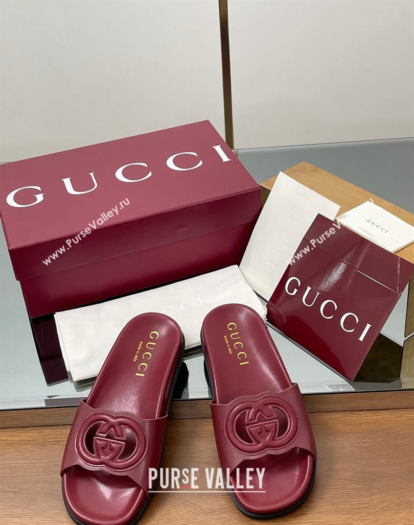 Gucci Leather Interlocking G Flat Slides Sandal Dark Burgundy 2025 816334 (MD-250423018)
