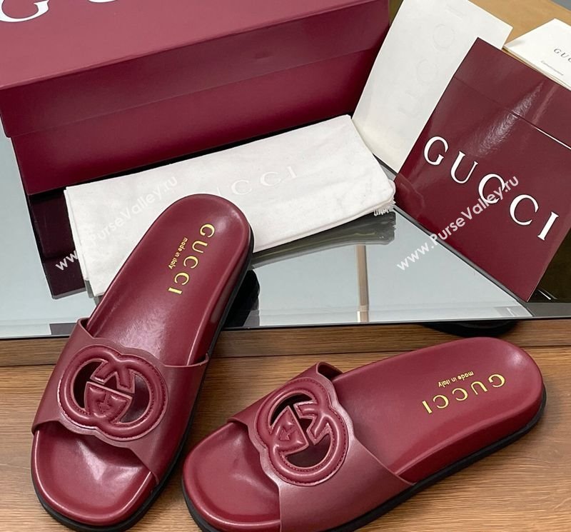 Gucci Leather Interlocking G Flat Slides Sandal Dark Burgundy 2025 816334 (MD-250423018)