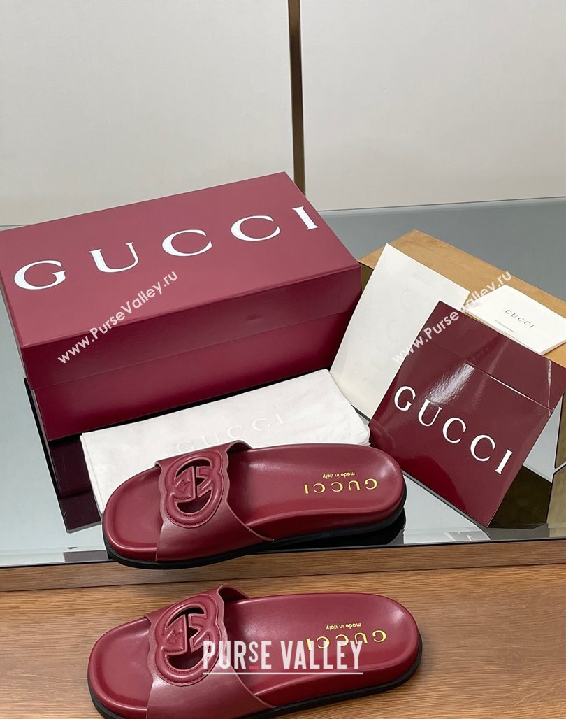 Gucci Leather Interlocking G Flat Slides Sandal Dark Burgundy 2025 816334 (MD-250423018)