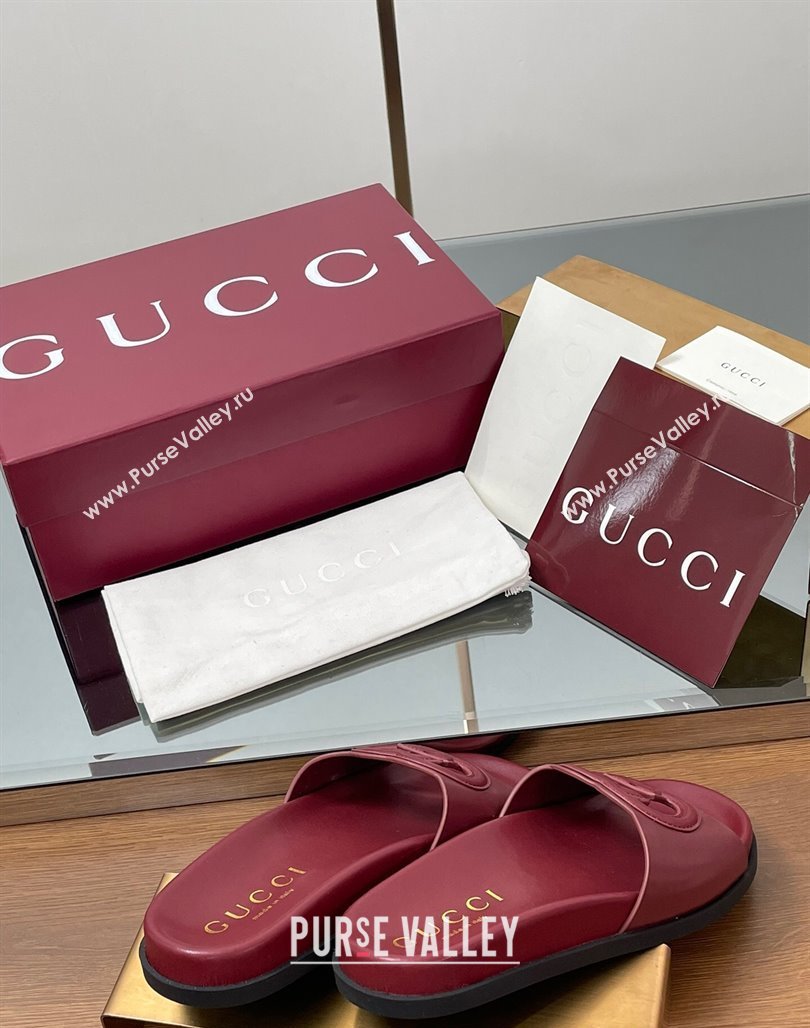 Gucci Leather Interlocking G Flat Slides Sandal Dark Burgundy 2025 816334 (MD-250423018)