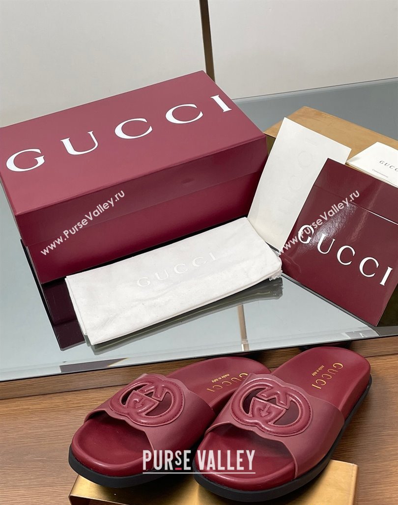 Gucci Leather Interlocking G Flat Slides Sandal Dark Burgundy 2025 816334 (MD-250423018)