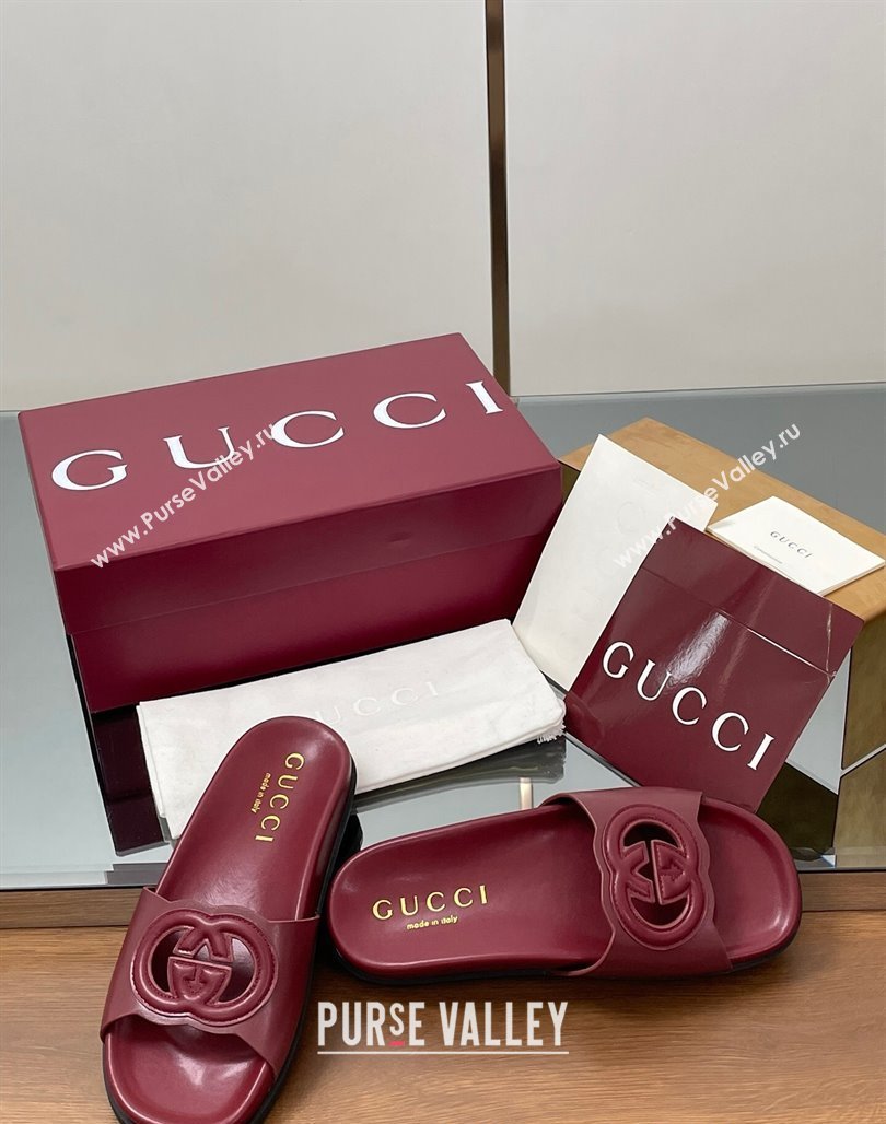 Gucci Leather Interlocking G Flat Slides Sandal Dark Burgundy 2025 816334 (MD-250423018)