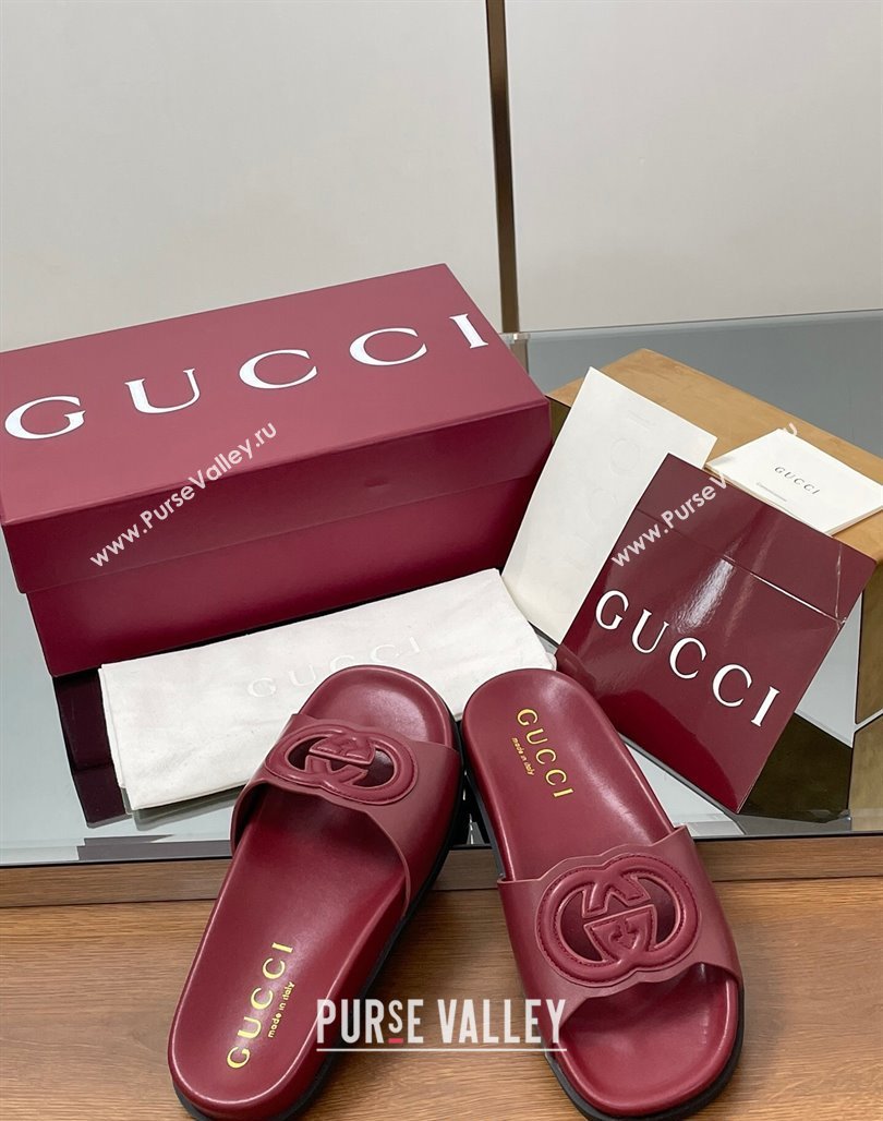 Gucci Leather Interlocking G Flat Slides Sandal Dark Burgundy 2025 816334 (MD-250423018)