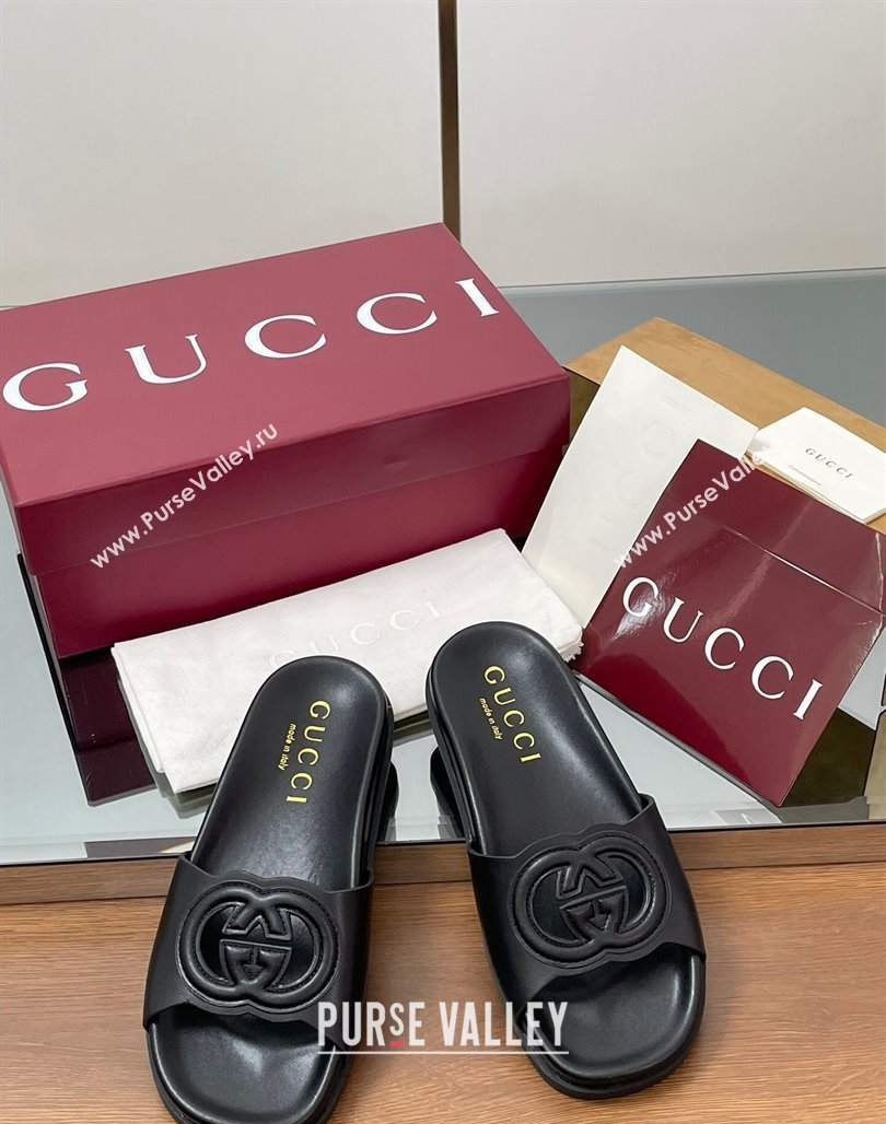 Gucci Leather Interlocking G Flat Slides Sandal Black 2025 816334 (MD-250423019)