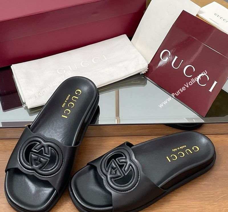 Gucci Leather Interlocking G Flat Slides Sandal Black 2025 816334 (MD-250423019)