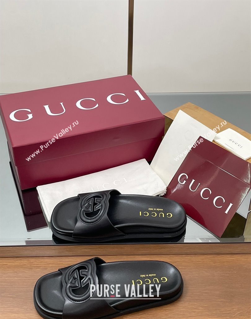 Gucci Leather Interlocking G Flat Slides Sandal Black 2025 816334 (MD-250423019)
