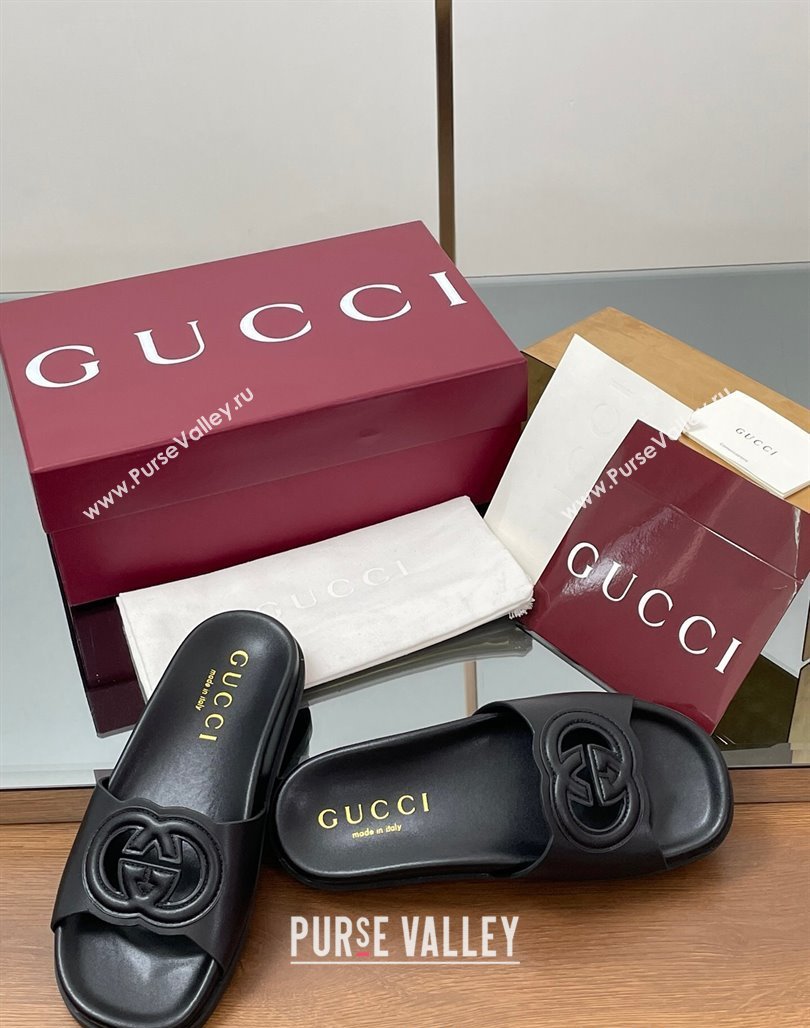 Gucci Leather Interlocking G Flat Slides Sandal Black 2025 816334 (MD-250423019)