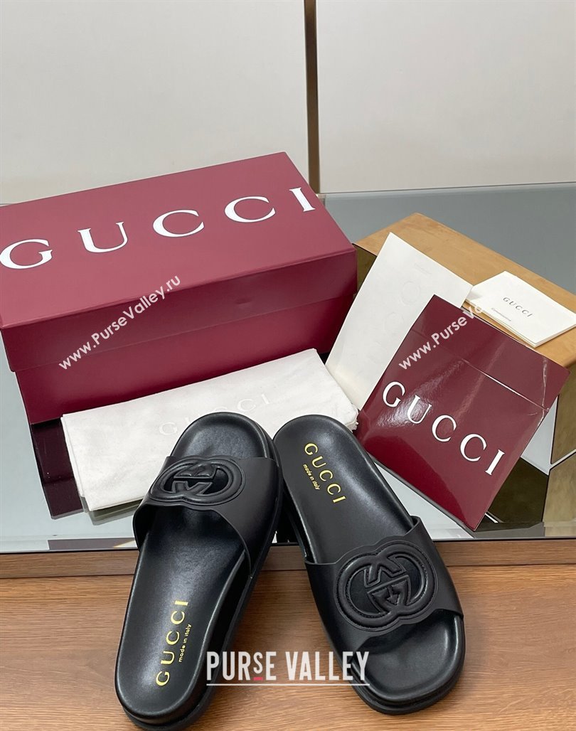 Gucci Leather Interlocking G Flat Slides Sandal Black 2025 816334 (MD-250423019)