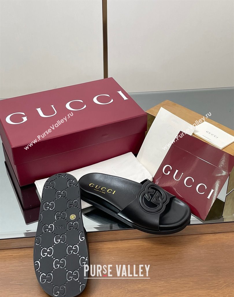 Gucci Leather Interlocking G Flat Slides Sandal Black 2025 816334 (MD-250423019)