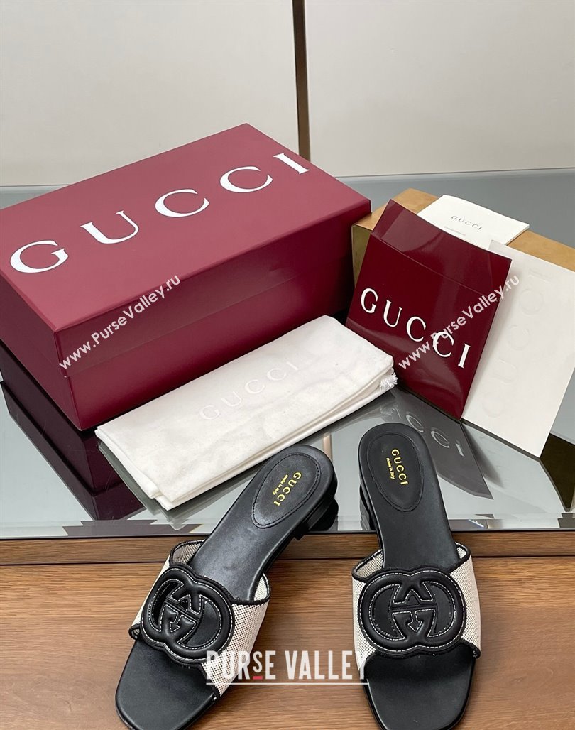 Gucci Canvas and Leather Interlocking G Flat Slides Sandal Black 2025 835723 (MD-250423020)