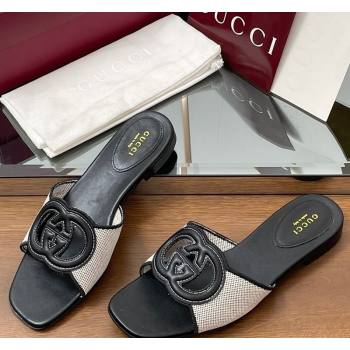 Gucci Canvas and Leather Interlocking G Flat Slides Sandal Black 2025 835723 (MD-250423020)