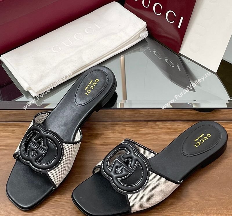 Gucci Canvas and Leather Interlocking G Flat Slides Sandal Black 2025 835723 (MD-250423020)