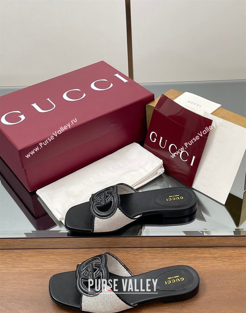 Gucci Canvas and Leather Interlocking G Flat Slides Sandal Black 2025 835723 (MD-250423020)