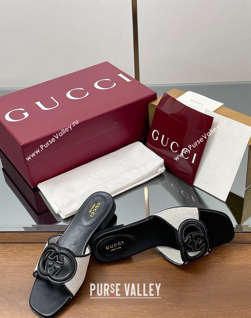 Gucci Canvas and Leather Interlocking G Flat Slides Sandal Black 2025 835723 (MD-250423020)