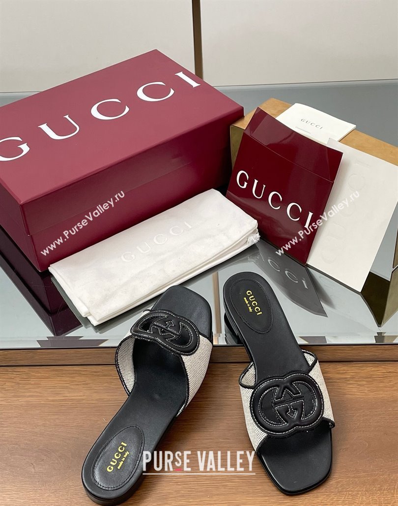 Gucci Canvas and Leather Interlocking G Flat Slides Sandal Black 2025 835723 (MD-250423020)