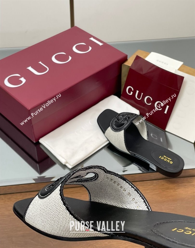 Gucci Canvas and Leather Interlocking G Flat Slides Sandal Black 2025 835723 (MD-250423020)