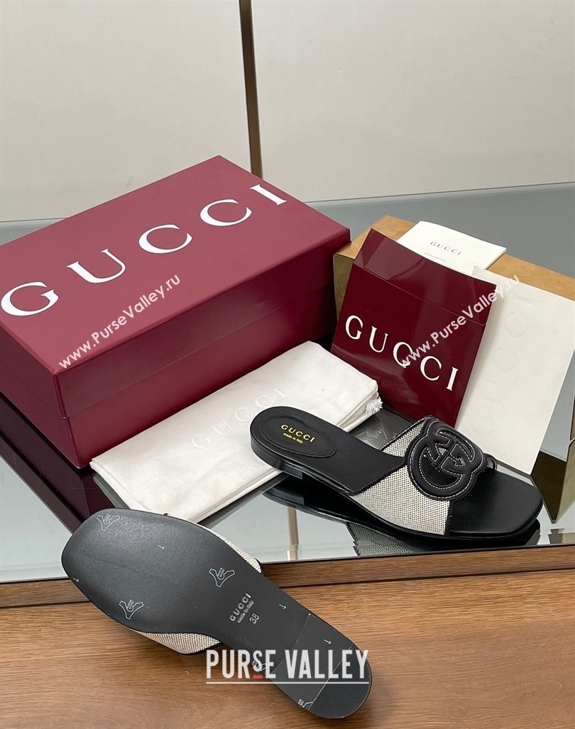 Gucci Canvas and Leather Interlocking G Flat Slides Sandal Black 2025 835723 (MD-250423020)