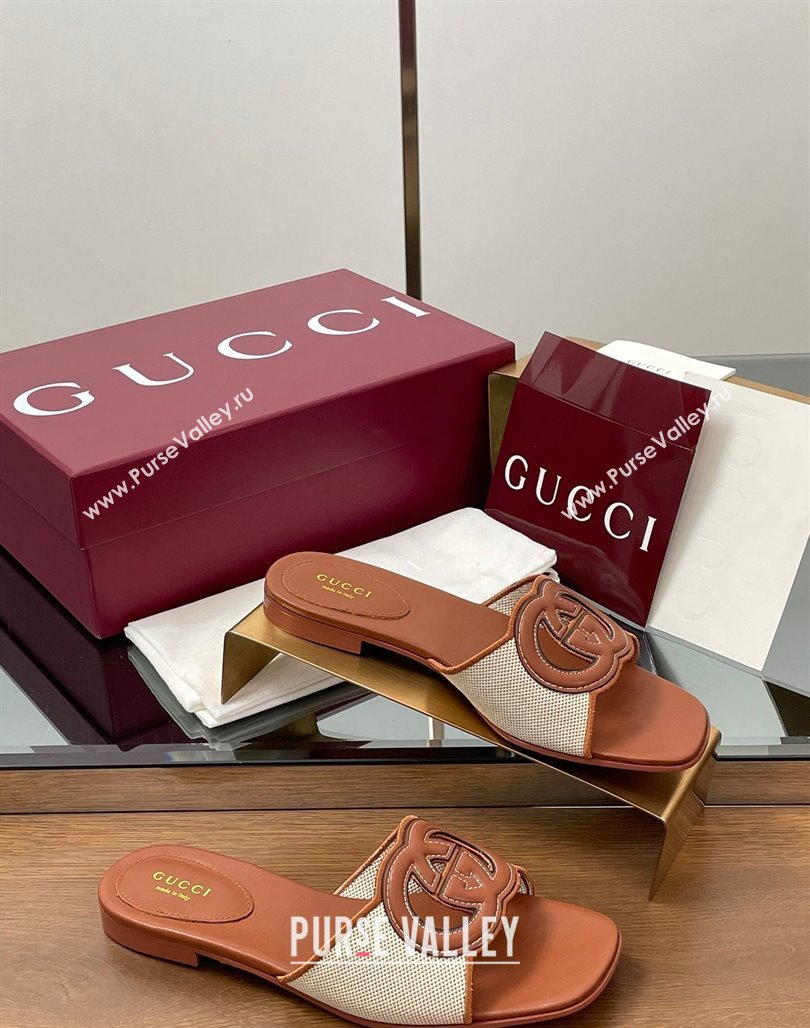 Gucci Canvas and Leather Interlocking G Flat Slides Sandal Brown 2025 835723 (MD-250423021)