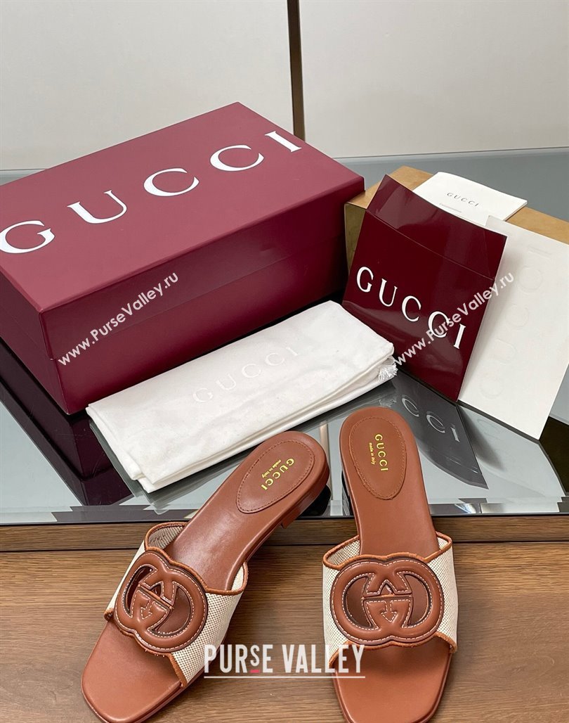 Gucci Canvas and Leather Interlocking G Flat Slides Sandal Brown 2025 835723 (MD-250423021)