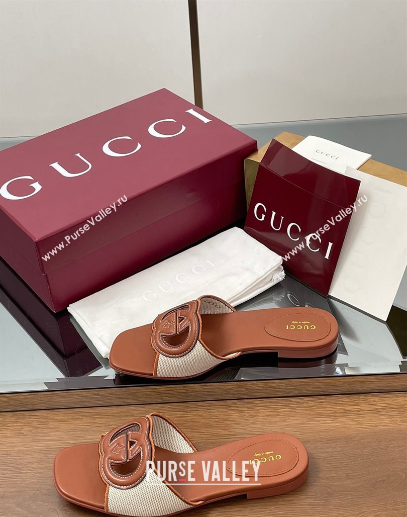 Gucci Canvas and Leather Interlocking G Flat Slides Sandal Brown 2025 835723 (MD-250423021)