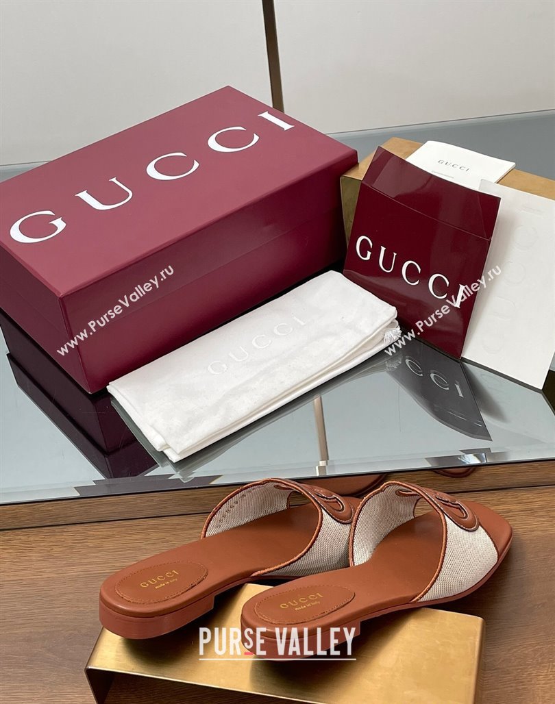 Gucci Canvas and Leather Interlocking G Flat Slides Sandal Brown 2025 835723 (MD-250423021)