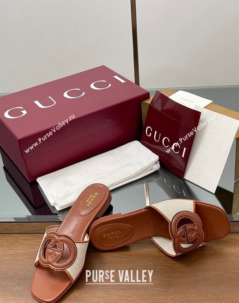 Gucci Canvas and Leather Interlocking G Flat Slides Sandal Brown 2025 835723 (MD-250423021)