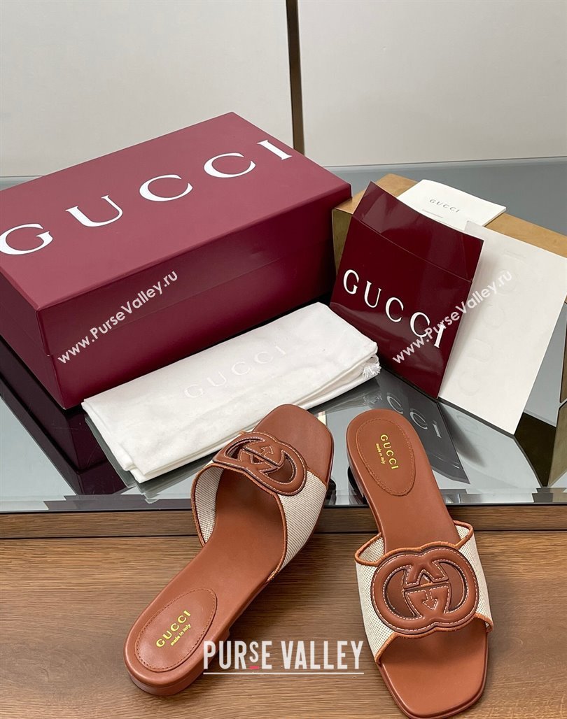 Gucci Canvas and Leather Interlocking G Flat Slides Sandal Brown 2025 835723 (MD-250423021)