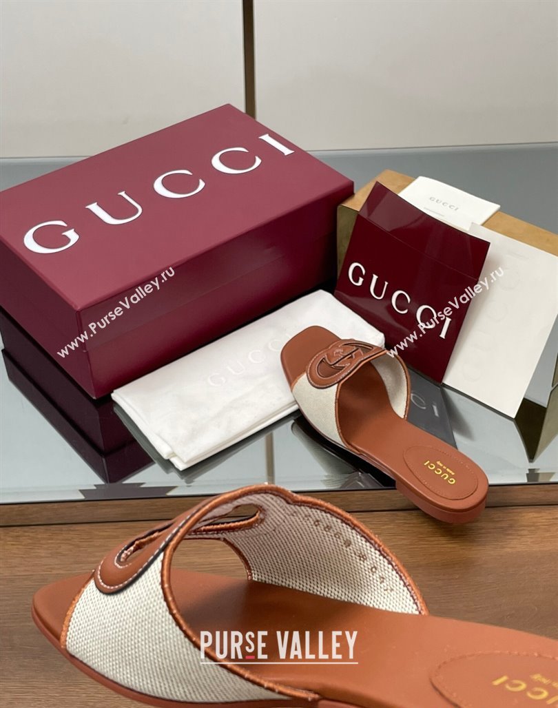 Gucci Canvas and Leather Interlocking G Flat Slides Sandal Brown 2025 835723 (MD-250423021)