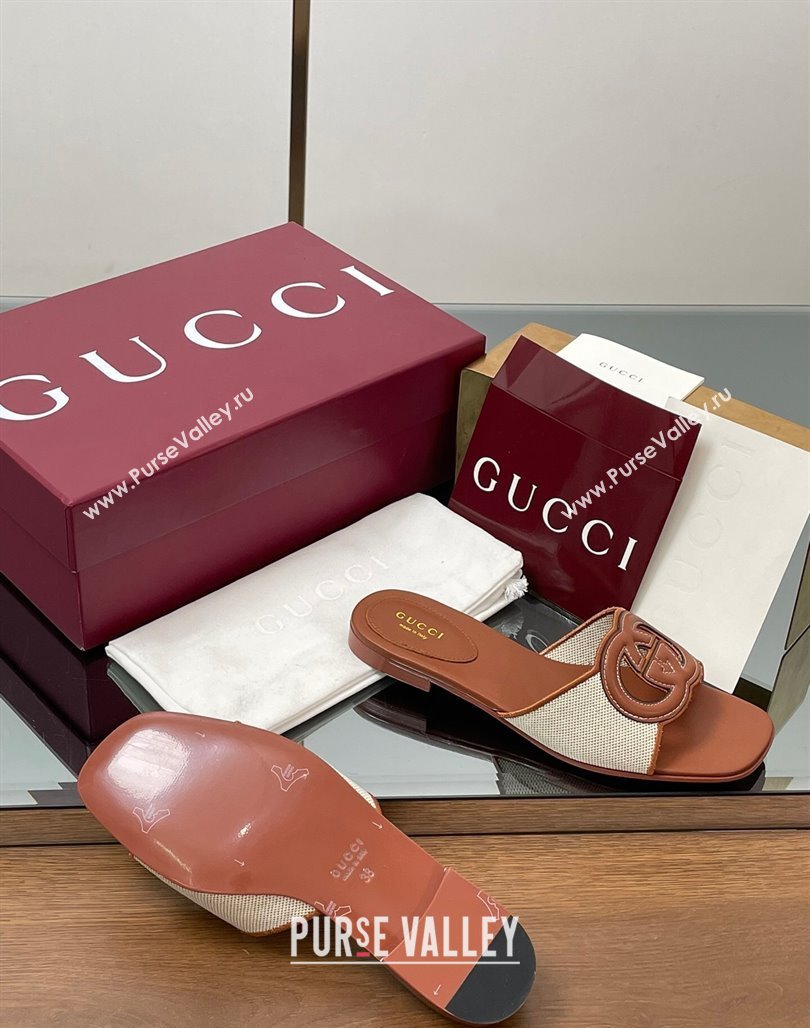 Gucci Canvas and Leather Interlocking G Flat Slides Sandal Brown 2025 835723 (MD-250423021)