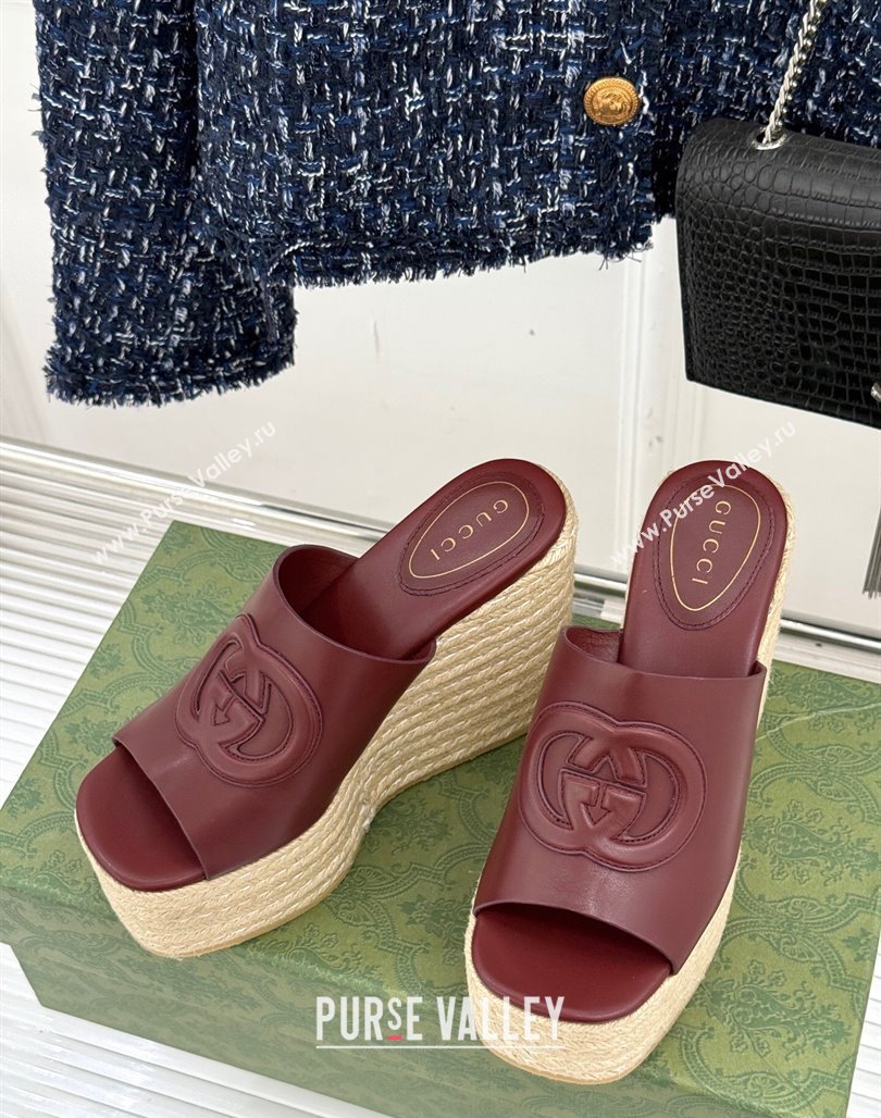Gucci Leather Interlocking G Wedge Slides Sandal 10.5cm Dark Burgundy 2025 817212 (MD-250423014)