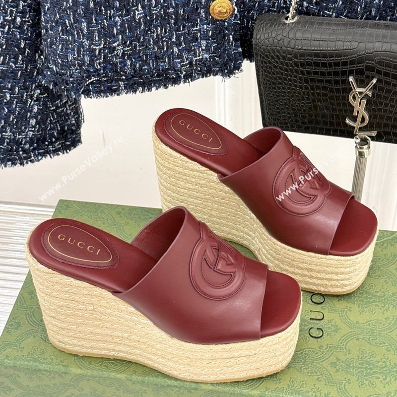 Gucci Leather Interlocking G Wedge Slides Sandal 10.5cm Dark Burgundy 2025 817212 (MD-250423014)