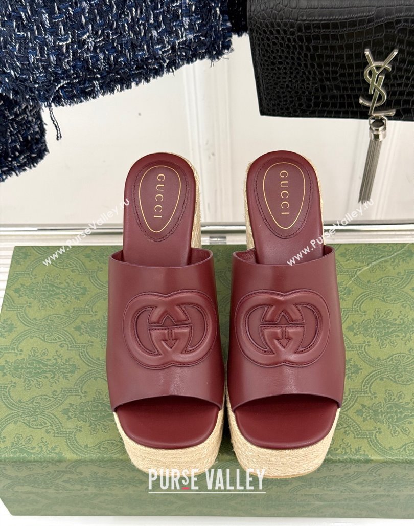 Gucci Leather Interlocking G Wedge Slides Sandal 10.5cm Dark Burgundy 2025 817212 (MD-250423014)