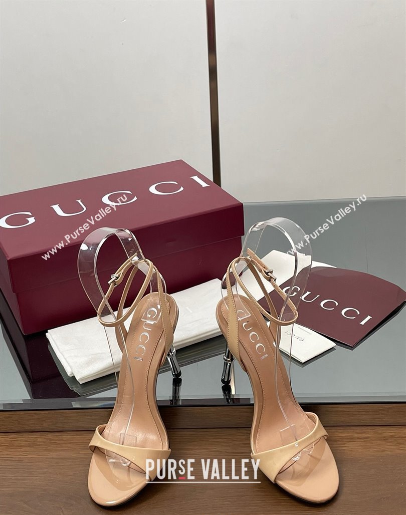 Gucci Patent Leather Sandals 9.5cm with Bamboo-Effect Heel Beige 2025 812999 (MD-250423003)
