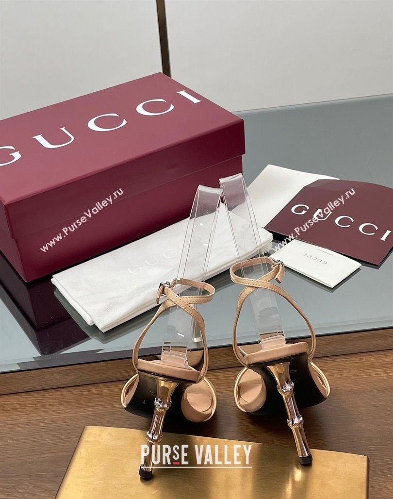 Gucci Patent Leather Sandals 9.5cm with Bamboo-Effect Heel Beige 2025 812999 (MD-250423003)