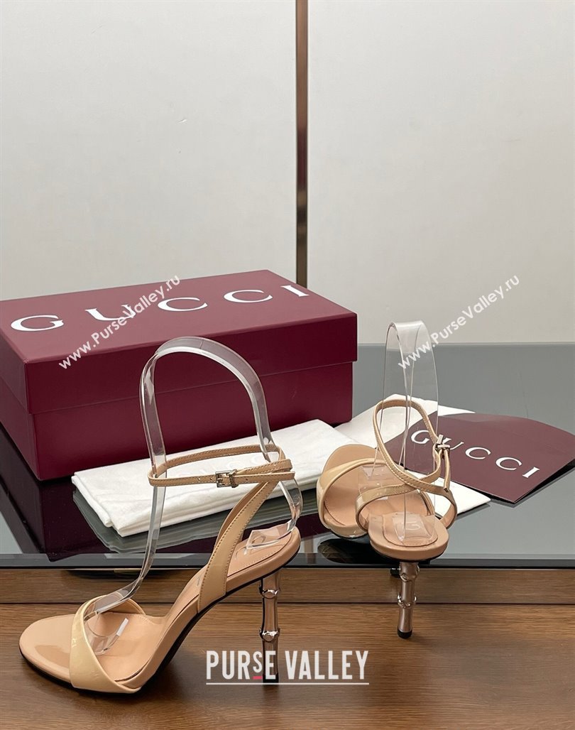 Gucci Patent Leather Sandals 9.5cm with Bamboo-Effect Heel Beige 2025 812999 (MD-250423003)