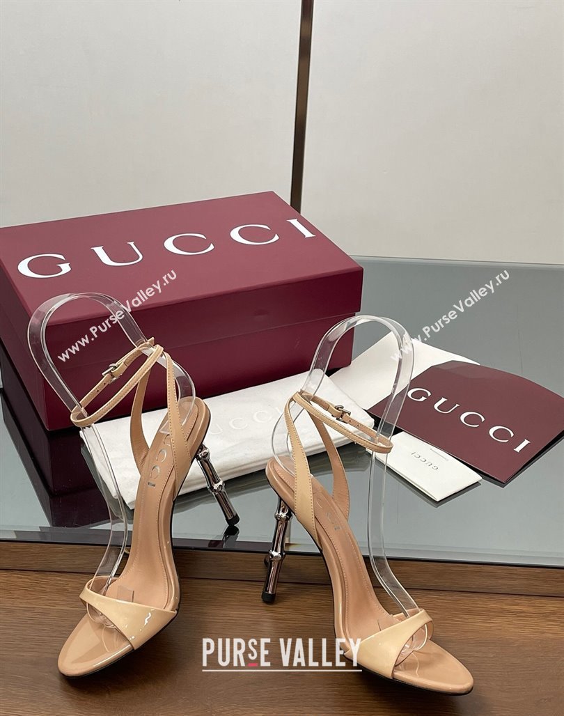 Gucci Patent Leather Sandals 9.5cm with Bamboo-Effect Heel Beige 2025 812999 (MD-250423003)