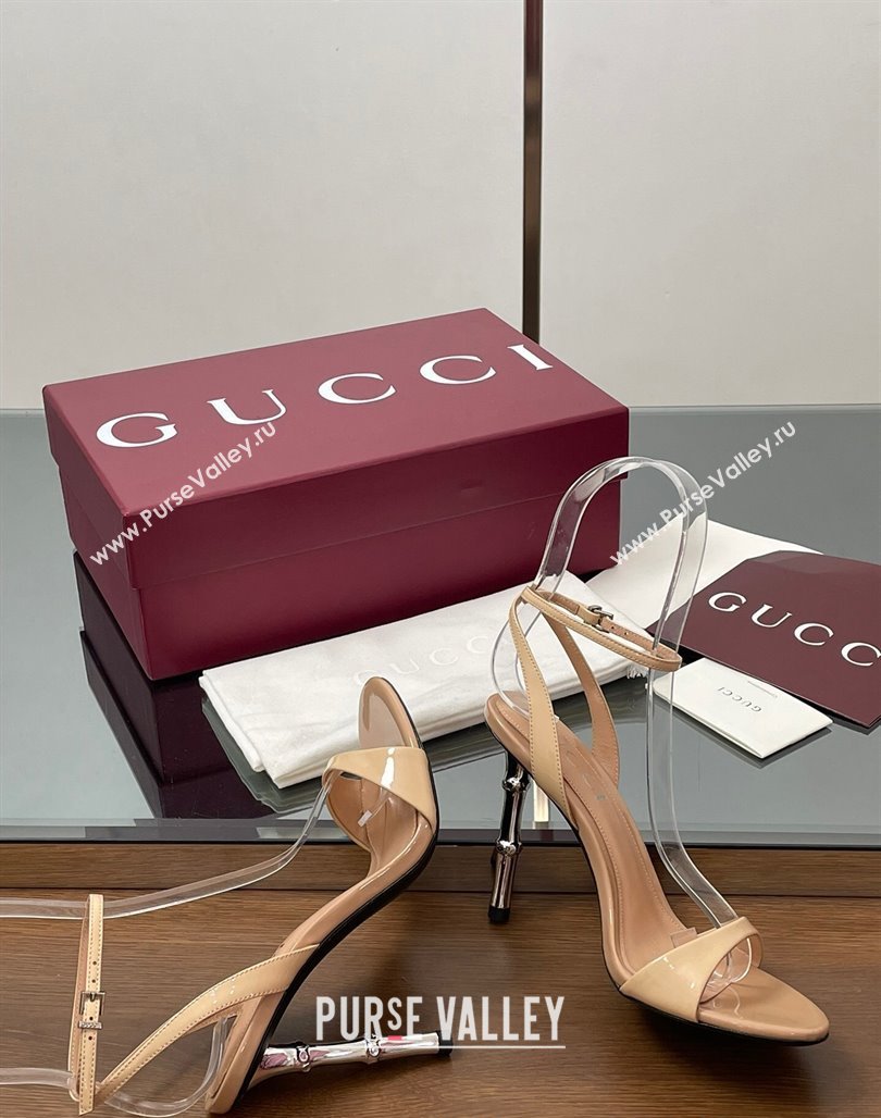 Gucci Patent Leather Sandals 9.5cm with Bamboo-Effect Heel Beige 2025 812999 (MD-250423003)
