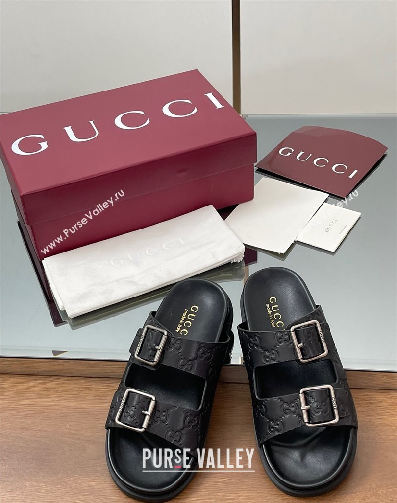 Gucci GG Leather Flat Slides Sandal with Buckle Black 2025 GG042302 (MD-250423061)