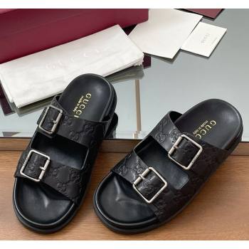 Gucci GG Leather Flat Slides Sandal with Buckle Black 2025 GG042302 (MD-250423061)