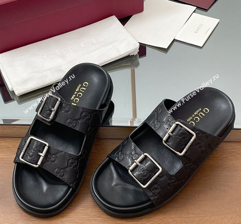 Gucci GG Leather Flat Slides Sandal with Buckle Black 2025 GG042302 (MD-250423061)