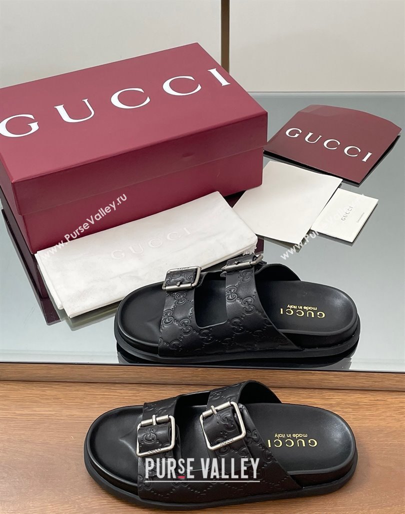 Gucci GG Leather Flat Slides Sandal with Buckle Black 2025 GG042302 (MD-250423061)