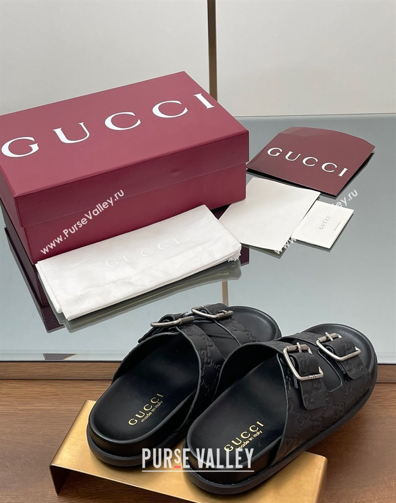 Gucci GG Leather Flat Slides Sandal with Buckle Black 2025 GG042302 (MD-250423061)