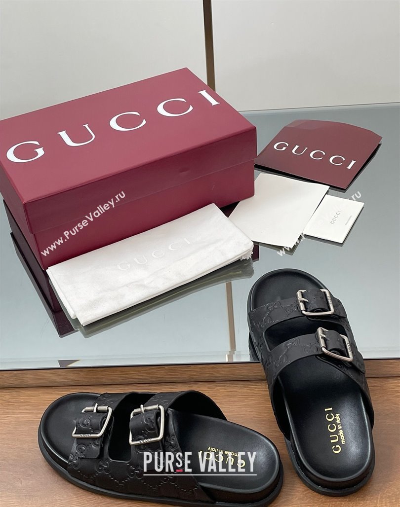 Gucci GG Leather Flat Slides Sandal with Buckle Black 2025 GG042302 (MD-250423061)