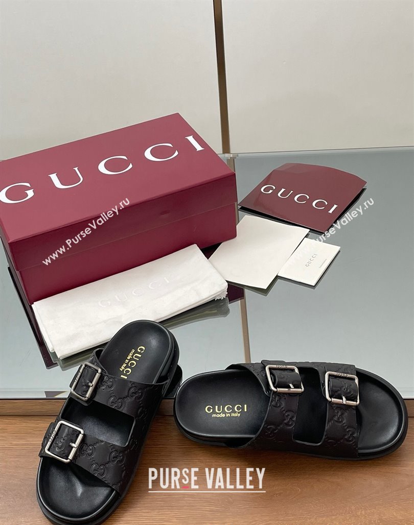 Gucci GG Leather Flat Slides Sandal with Buckle Black 2025 GG042302 (MD-250423061)