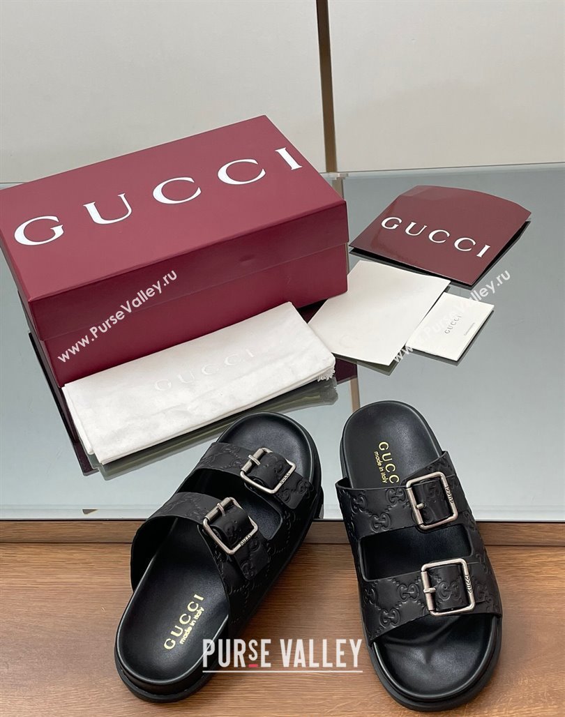Gucci GG Leather Flat Slides Sandal with Buckle Black 2025 GG042302 (MD-250423061)