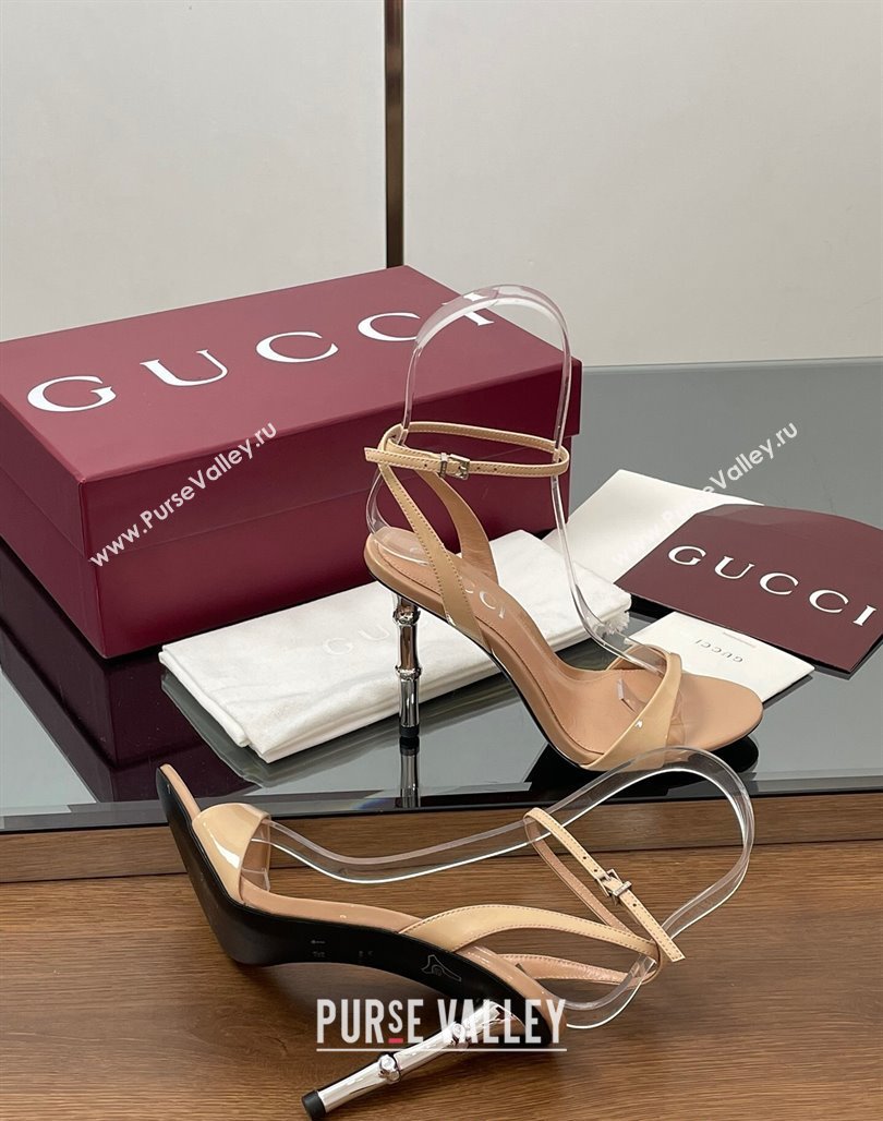 Gucci Patent Leather Sandals 9.5cm with Bamboo-Effect Heel Beige 2025 812999 (MD-250423003)