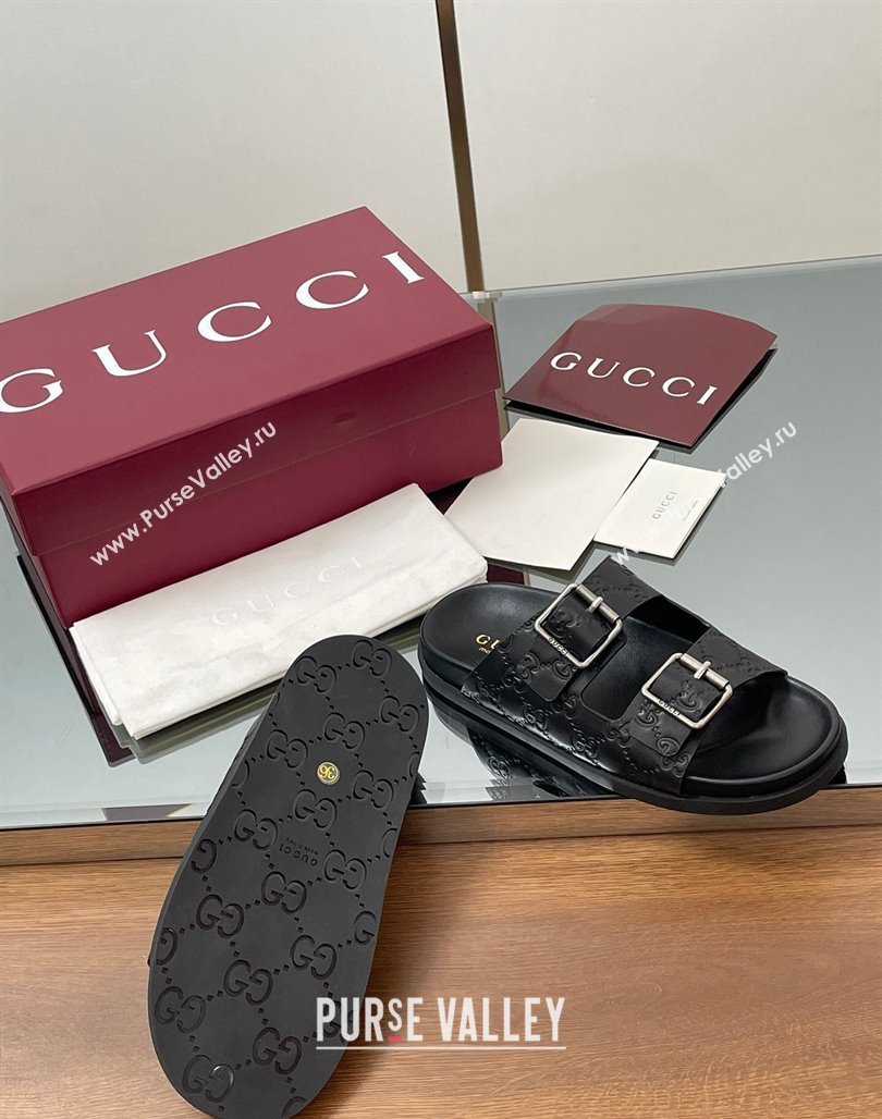 Gucci GG Leather Flat Slides Sandal with Buckle Black 2025 GG042302 (MD-250423061)